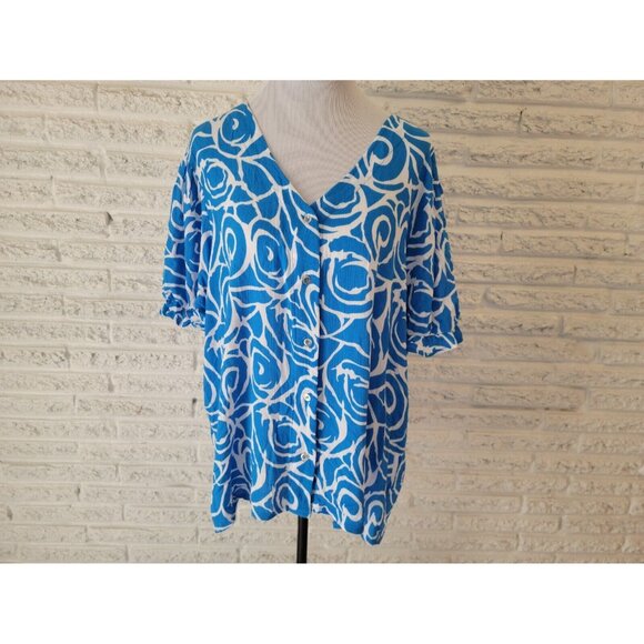 Coral Bay Womens Top 1X Plus Button Ruffle Short Sleeve Rayon Blue GEO252E - Picture 1 of 8